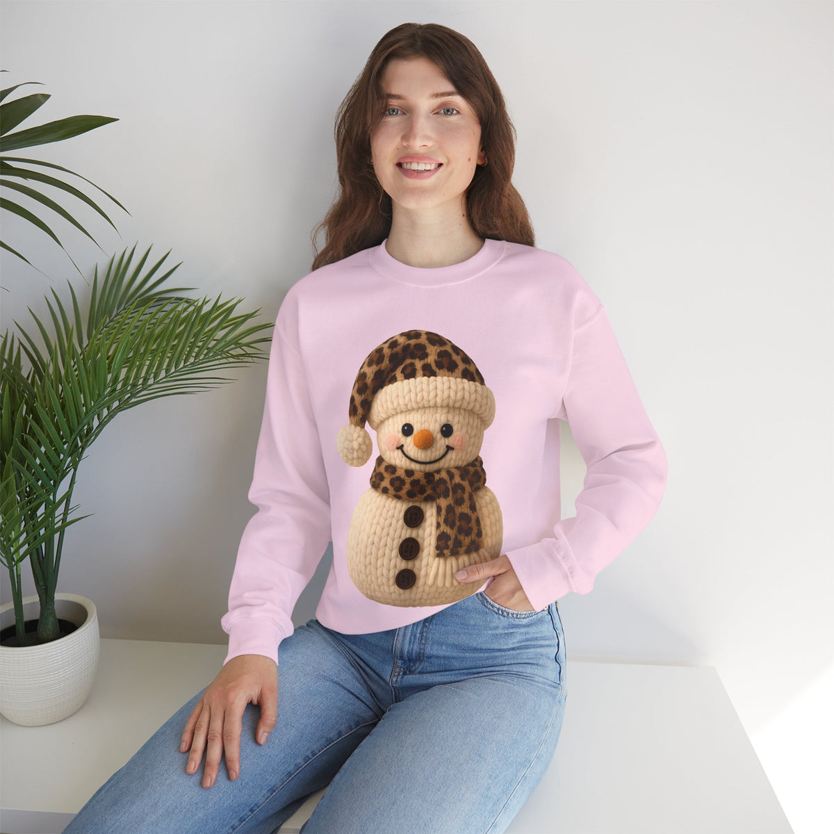 Cute Leopard Faux Knit Snowman Winter – Gildan Heavy Blend | Trendy Women’s Soft Sweatshirt. Direct to Garment. Printed & Shipped in the USA. Unisex Sizes.