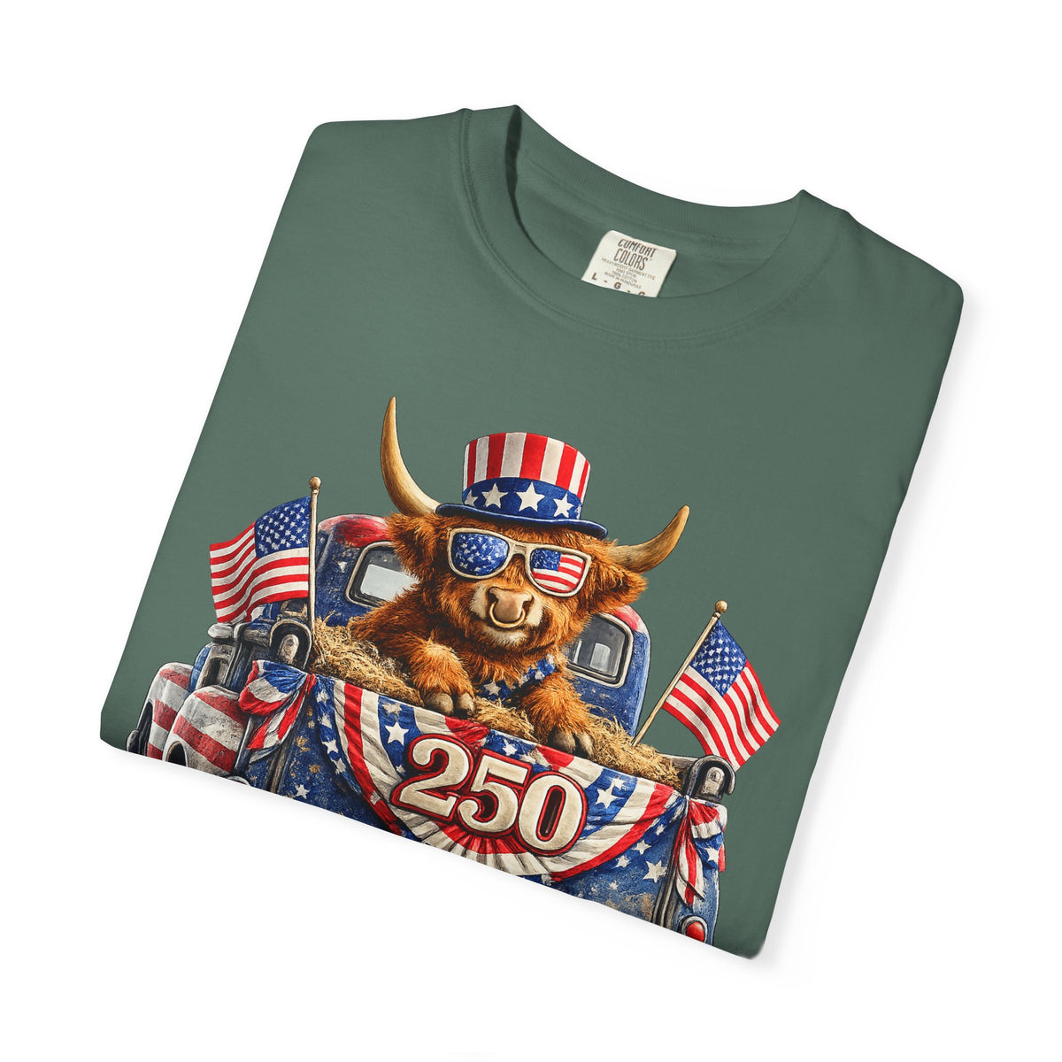 Patriotic Highland, America's 250th Birthday - Comfort Colors | Trendy Women's and Men's T-Shirt. Direct to Garment. Printed & Shipped in the USA. Unisex Sizes.