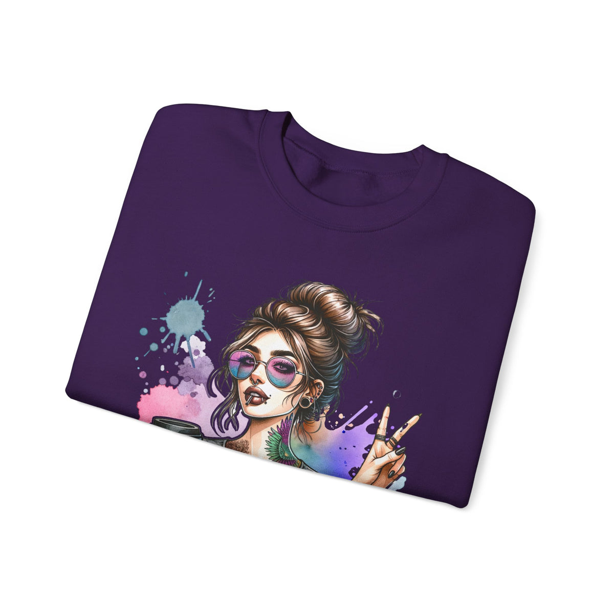 Cool Mombie with Coffee Peace Tattoo - Tired Mom – Gildan Heavy Blend | Trendy Women’s Soft Sweatshirt. Direct to Garment. Printed & Shipped in the USA. Unisex Sizes.