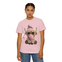 Faux Crochet Highland Cow Bubblegum - Comfort Colors | Trendy Women's T-Shirt. Direct to Garment. Printed & Shipped in the USA. Unisex Sizes.