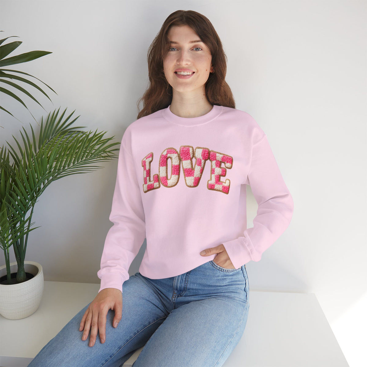 Faux Crochet Checkered LOVE – Gildan Heavy Blend | Trendy Women’s Soft Sweatshirt. Direct to Garment. Printed & Shipped in the USA. Unisex Sizes.