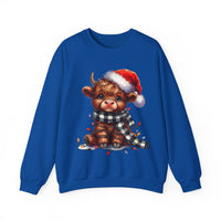 Cute Highland Cow Santa Hat Scarf Christmas Lights – Gildan Heavy Blend | Trendy Women’s Soft Sweatshirt. Direct to Garment. Printed & Shipped in the USA. Unisex Sizes.