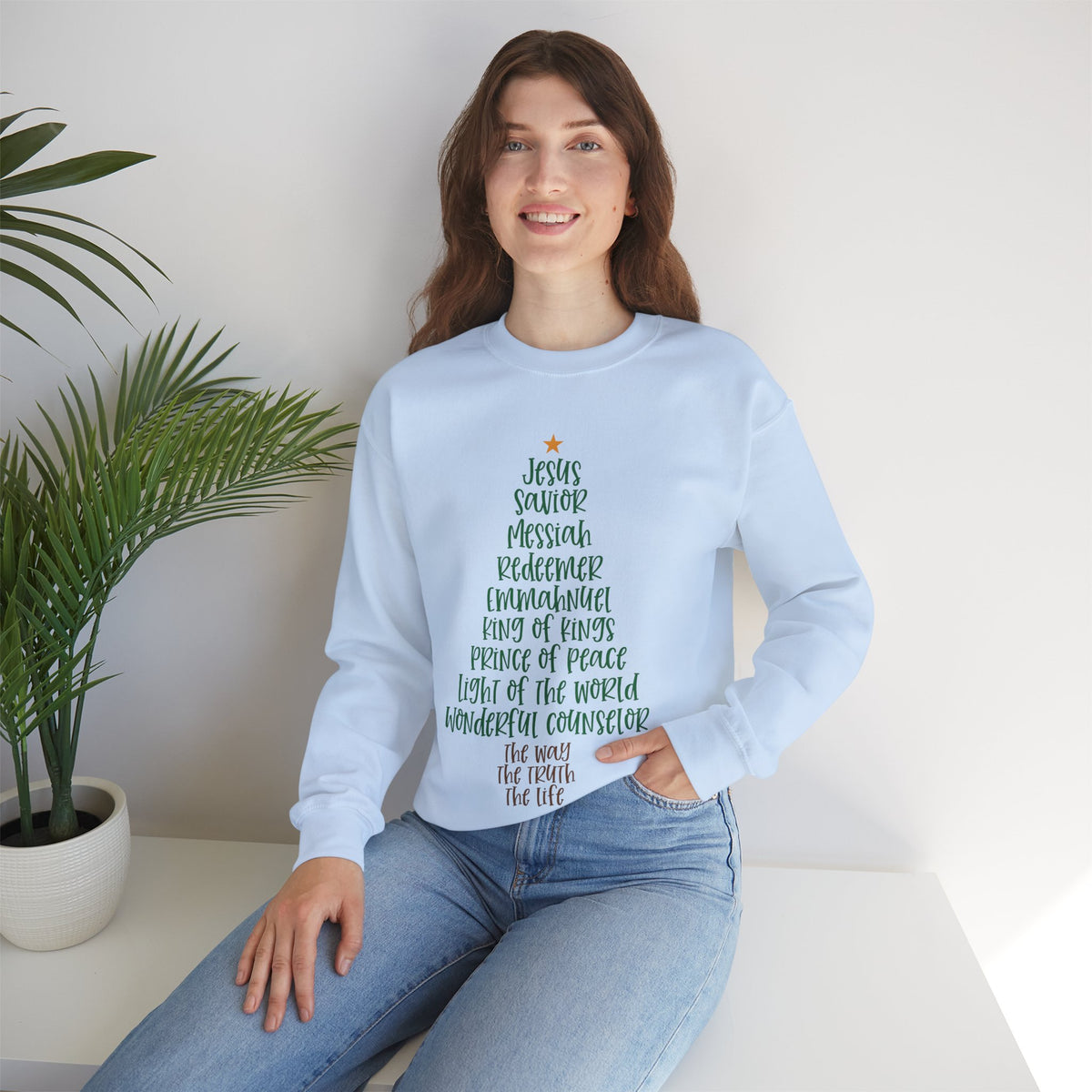 Jesus Names Christmas Tree – Gildan Heavy Blend | Trendy Women’s Soft Sweatshirt. Direct to Garment. Printed & Shipped in the USA. Unisex Sizes.