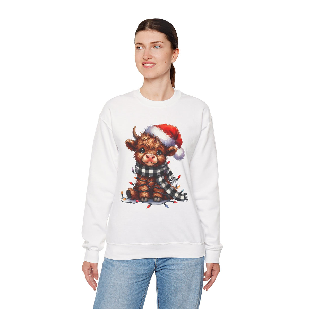 Cute Highland Cow Santa Hat Scarf Christmas Lights – Gildan Heavy Blend | Trendy Women’s Soft Sweatshirt. Direct to Garment. Printed & Shipped in the USA. Unisex Sizes.