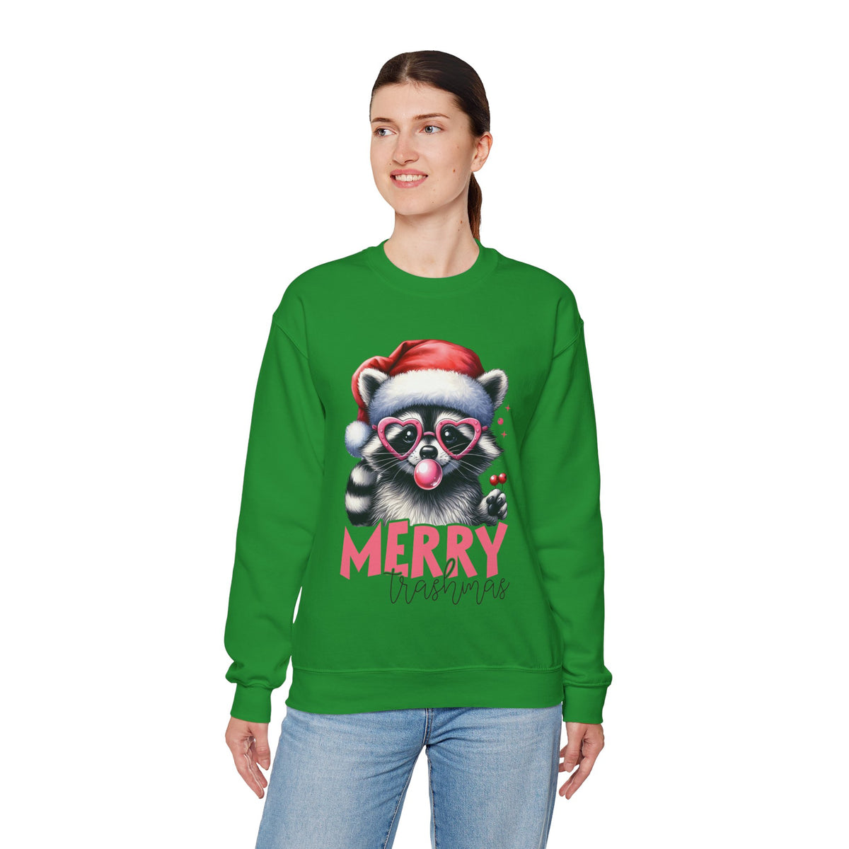 Merry Trashmas Bubblegum Raccoon w/Santa Hat Christmas – Gildan Heavy Blend | Trendy Women’s Soft Sweatshirt. Direct to Garment. Printed & Shipped in the USA. Unisex Sizes.