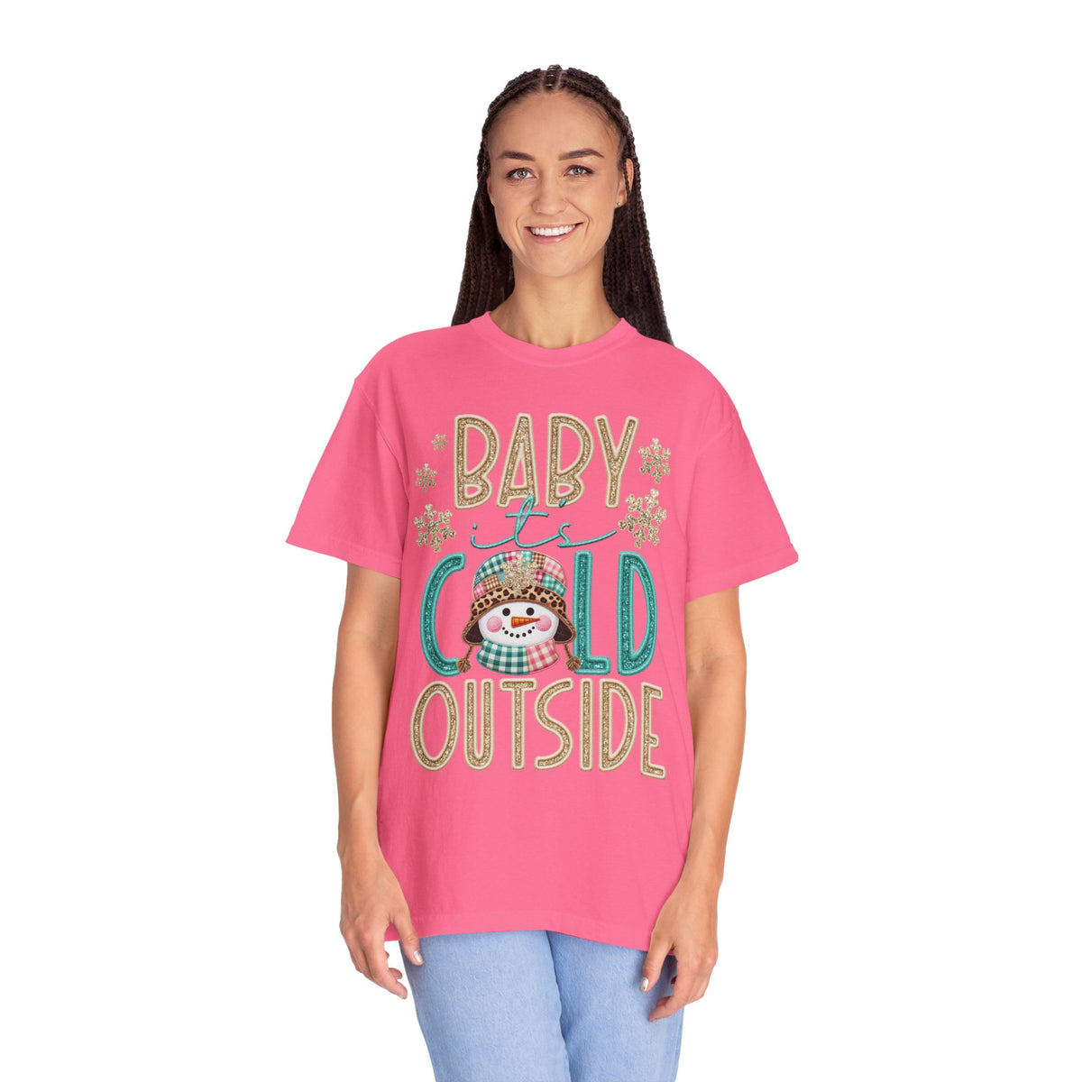 Baby It's Cold Outside Snowman  - Comfort Colors | Trendy Women's T-Shirt. Direct to Garment. Printed & Shipped in the USA. Unisex Sizes.