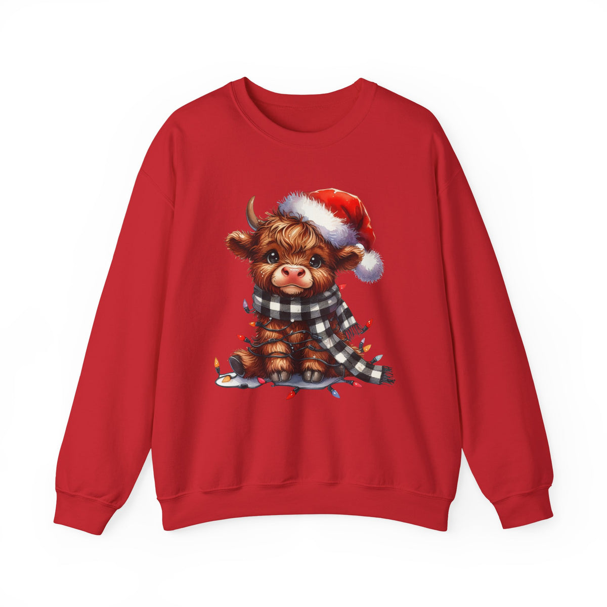 Cute Highland Cow Santa Hat Scarf Christmas Lights – Gildan Heavy Blend | Trendy Women’s Soft Sweatshirt. Direct to Garment. Printed & Shipped in the USA. Unisex Sizes.