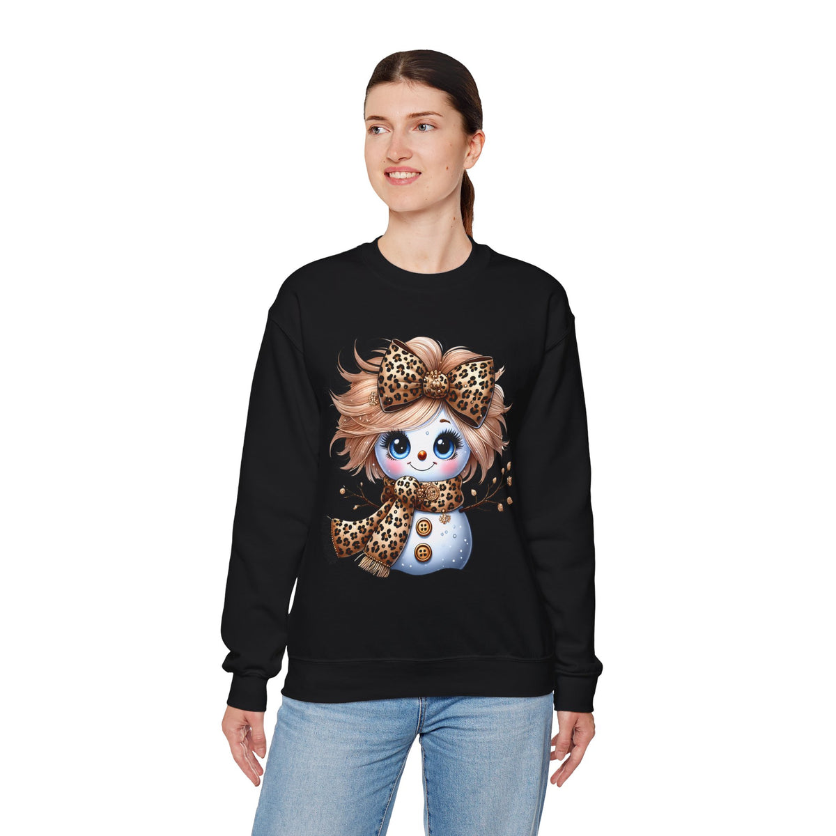 Snowgirl Cute Leopard Bow Snowman, Winter Cozy – Gildan Heavy Blend | Trendy Women’s Soft Sweatshirt. Direct to Garment. Printed & Shipped in the USA. Unisex Sizes.