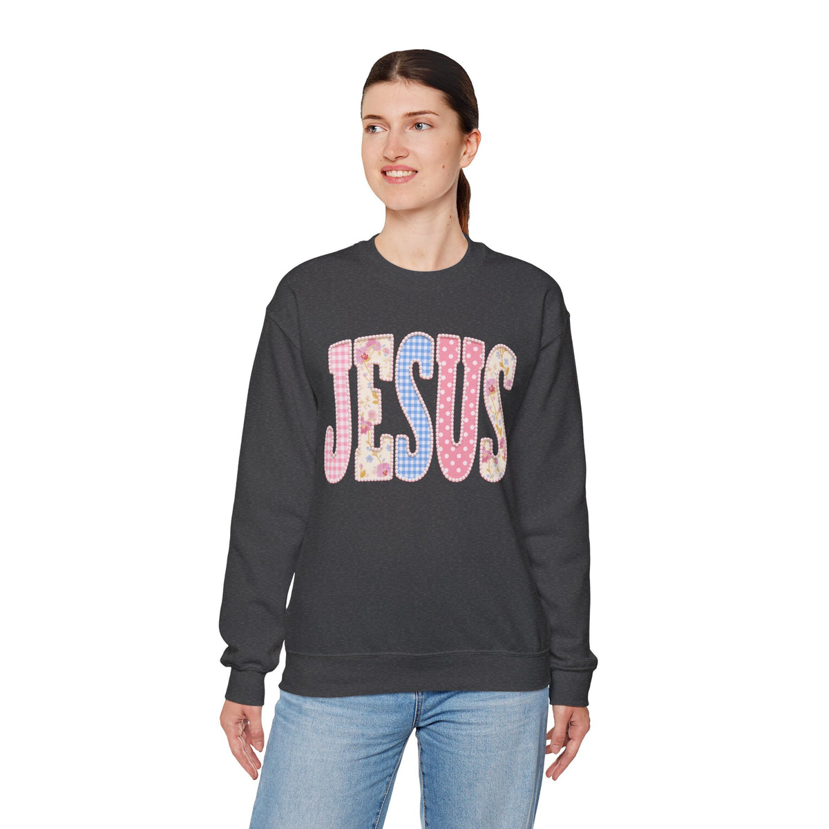 JESUS Pastel Faux Patchwork – Gildan Heavy Blend | Trendy Women’s Soft Sweatshirt. Direct to Garment. Printed & Shipped in the USA. Unisex Sizes.