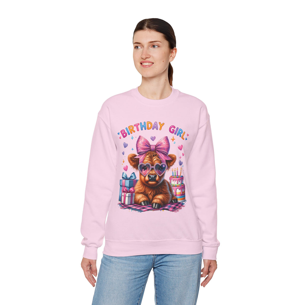 Birthday Girl, Highland Cow – Gildan Heavy Blend | Trendy Women’s Soft Sweatshirt. Direct to Garment. Printed & Shipped in the USA. Unisex Sizes.