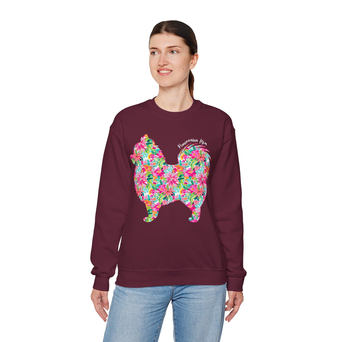 Pomeranian Mom, Floral – Gildan Heavy Blend | Trendy Women’s Soft Sweatshirt. Direct to Garment. Printed & Shipped in the USA. Unisex Sizes.