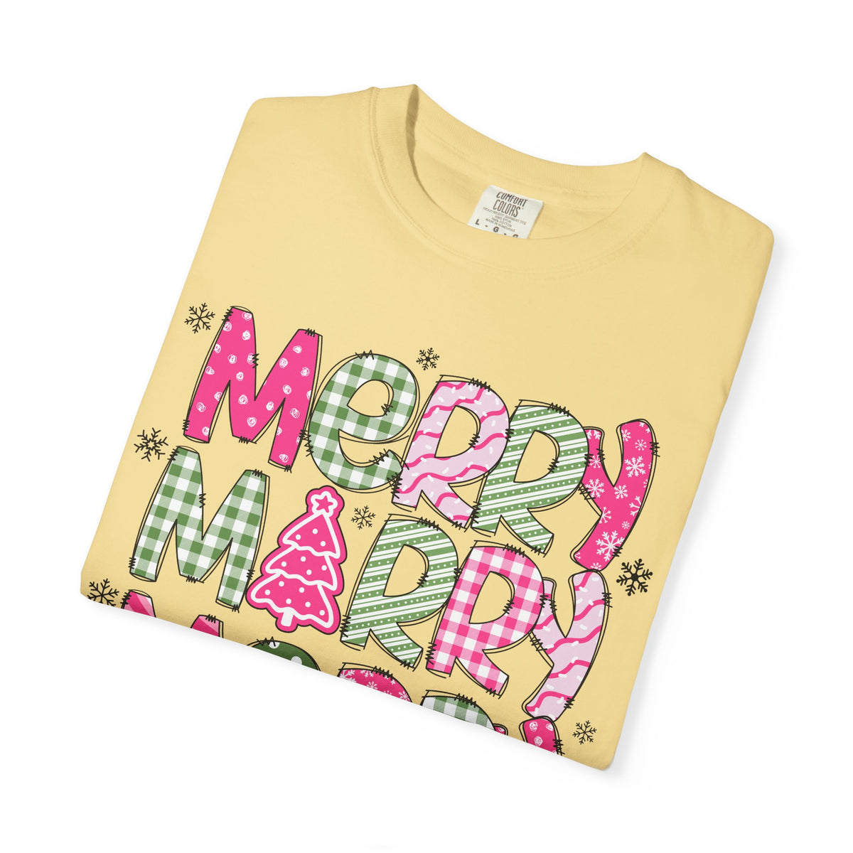 Merry Merry Merry Christmas, Festive Candy Cane & Pink and Green Plaid - Comfort Colors | Trendy Women's T-Shirt. Direct to Garment. Printed & Shipped in the USA. Unisex Sizes.