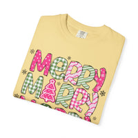 Merry Merry Merry Christmas, Festive Candy Cane & Pink and Green Plaid - Comfort Colors | Trendy Women's T-Shirt. Direct to Garment. Printed & Shipped in the USA. Unisex Sizes.