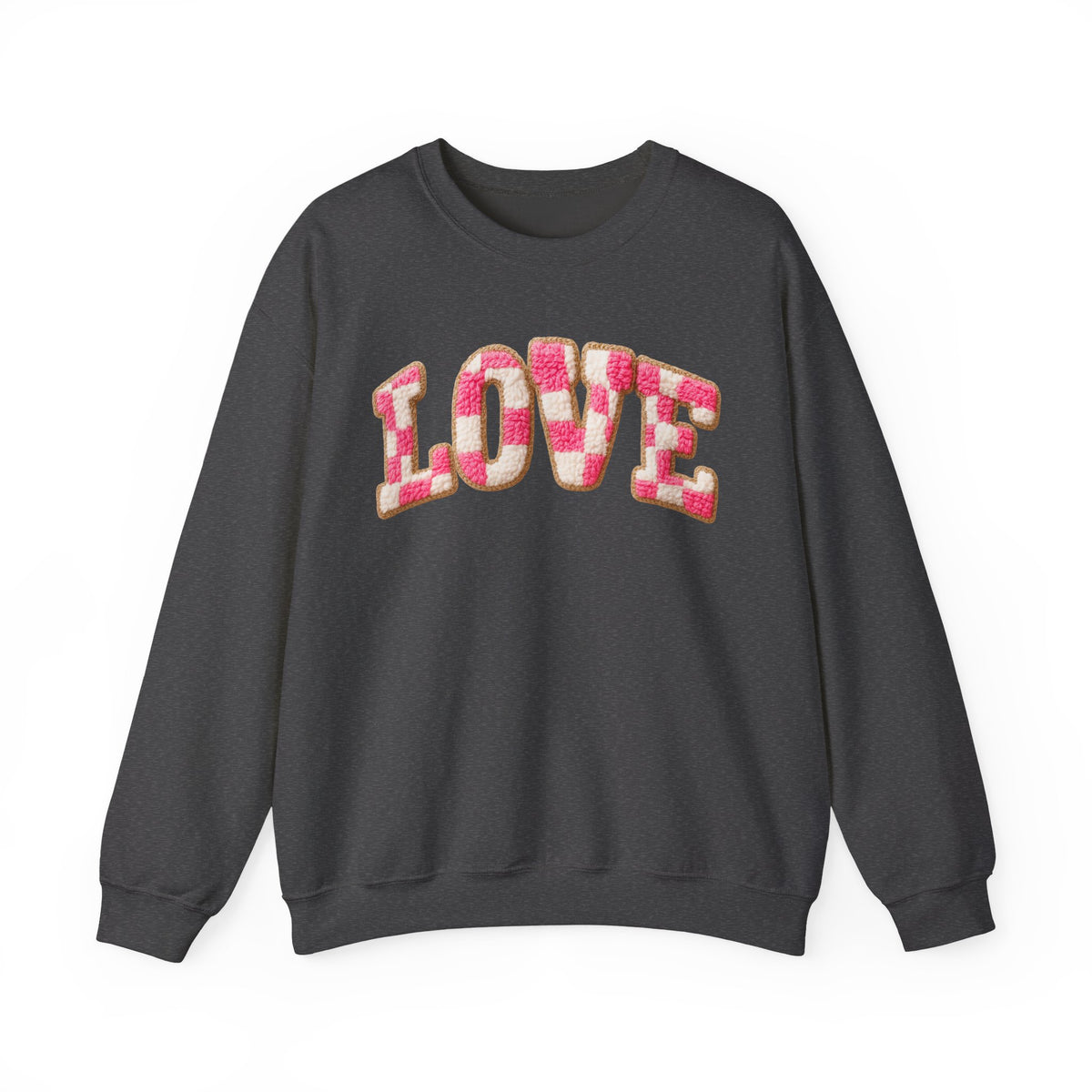Faux Crochet Checkered LOVE – Gildan Heavy Blend | Trendy Women’s Soft Sweatshirt. Direct to Garment. Printed & Shipped in the USA. Unisex Sizes.