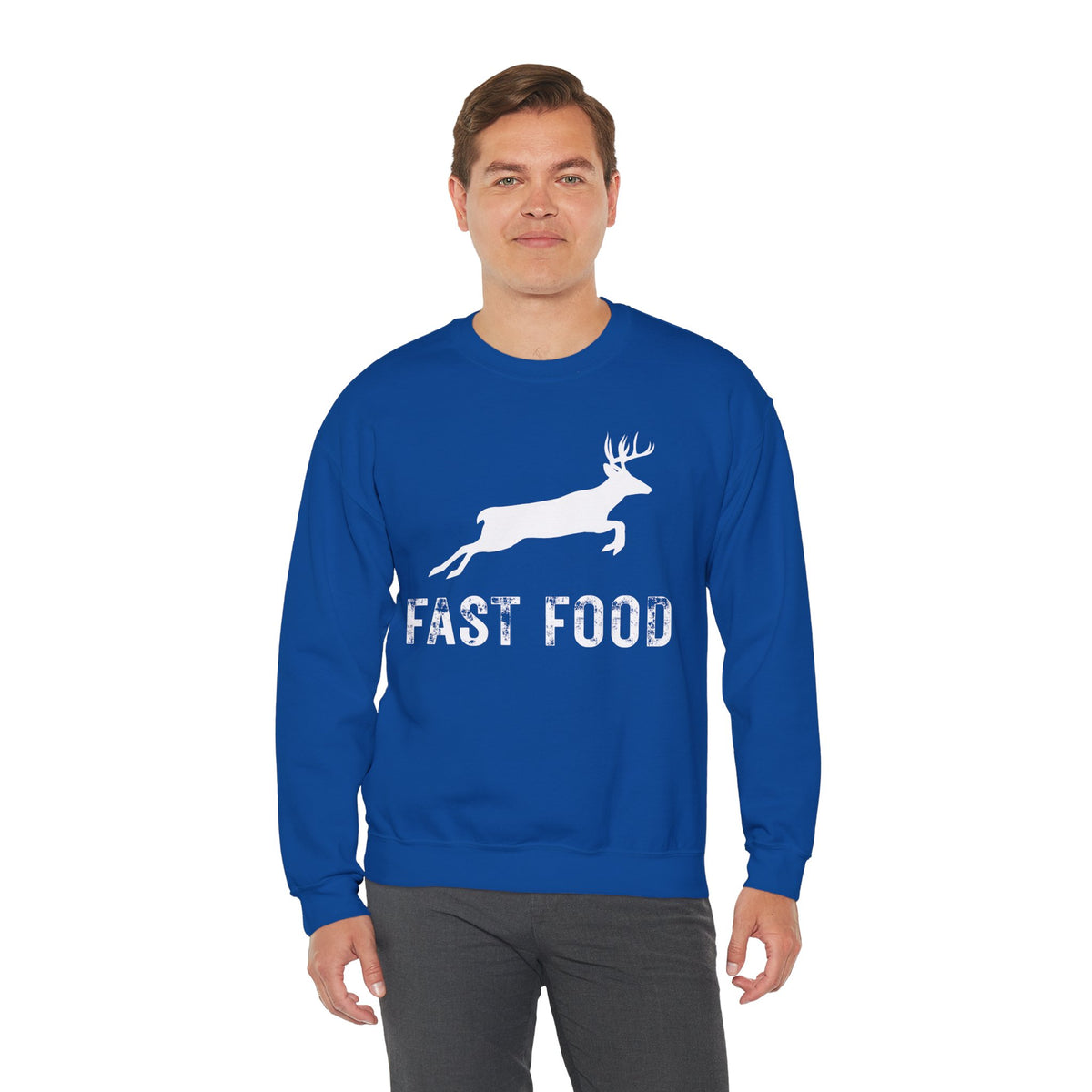 Fast Food Deer Hunting Humor Distressed – Gildan Heavy Blend | Trendy Men's and Women’s Soft Sweatshirt. Direct to Garment. Printed & Shipped in the USA. Unisex Sizes.