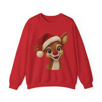 Cute Rudolph Faux Knit Look Reindeer w/Santa Hat – Gildan Heavy Blend | Trendy Women’s Soft Sweatshirt. Direct to Garment. Printed & Shipped in the USA. Unisex Sizes.
