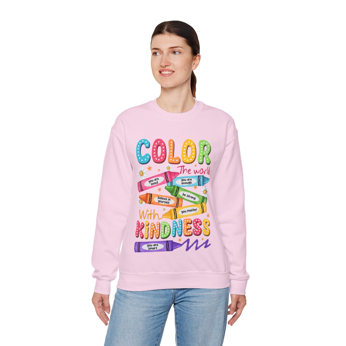 Color the World With Kindness Crayons, Great Teacher Gift – Gildan Heavy Blend | Trendy Women’s and Men's Soft Sweatshirt. Direct to Garment. Printed & Shipped in the USA. Unisex Sizes.