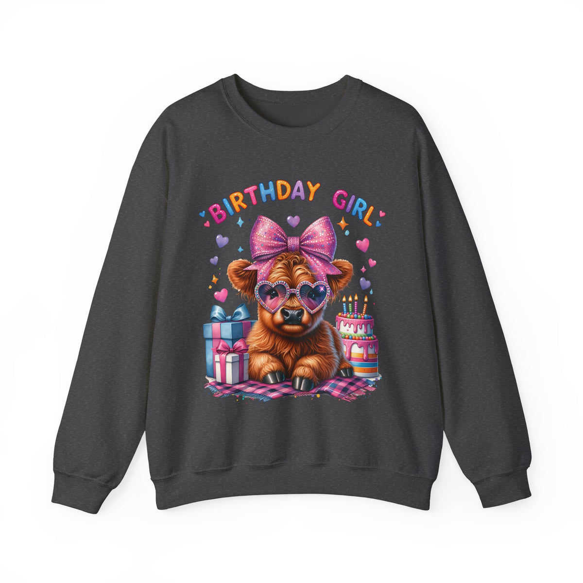 Birthday Girl, Highland Cow – Gildan Heavy Blend | Trendy Women’s Soft Sweatshirt. Direct to Garment. Printed & Shipped in the USA. Unisex Sizes.