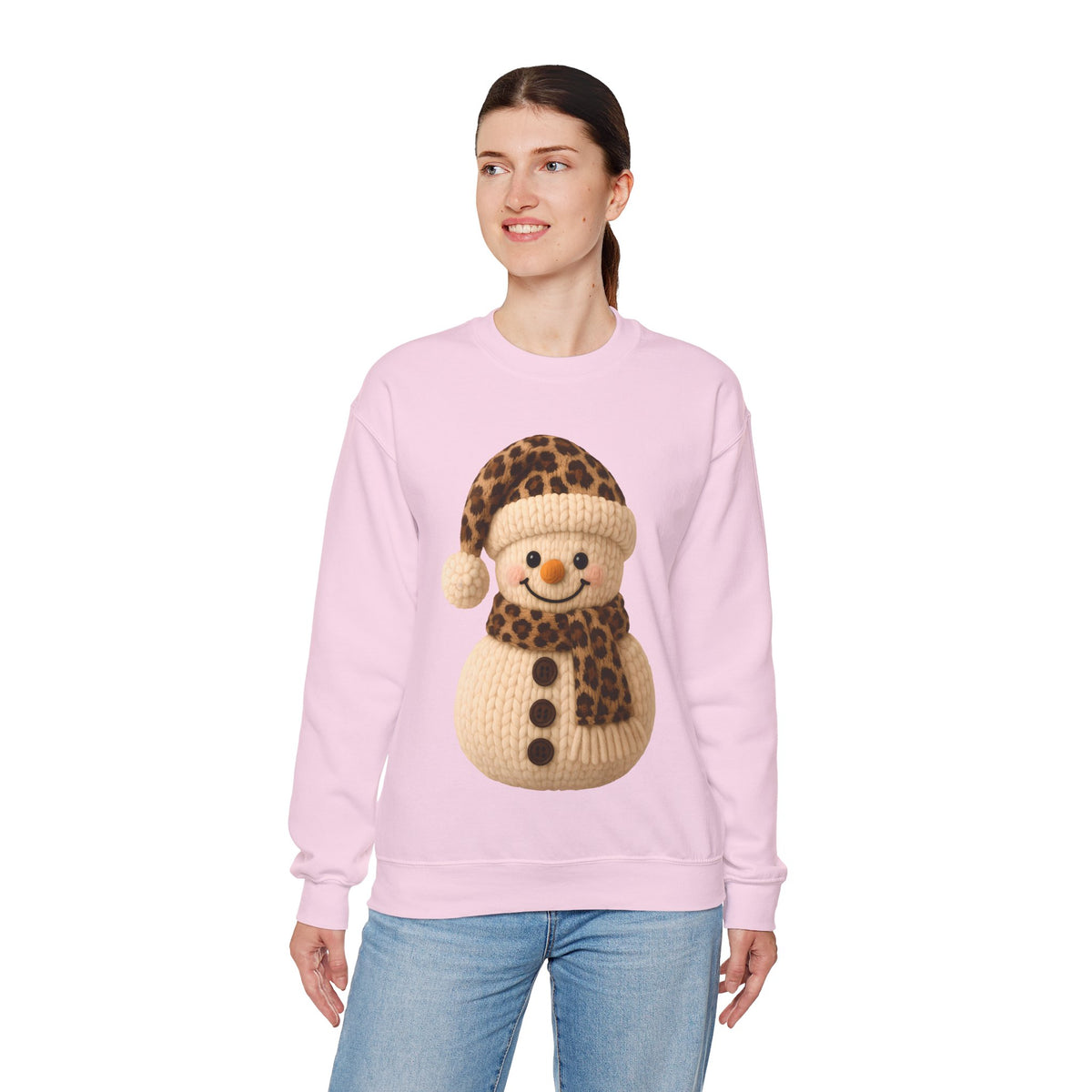 Cute Leopard Faux Knit Snowman Winter – Gildan Heavy Blend | Trendy Women’s Soft Sweatshirt. Direct to Garment. Printed & Shipped in the USA. Unisex Sizes.