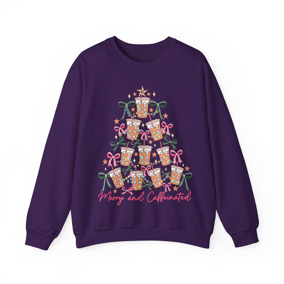 Merry and Caffeinated Iced Coffee Christmas Tree – Gildan Heavy Blend | Trendy Women’s Soft Sweatshirt. Direct to Garment. Printed & Shipped in the USA. Unisex Sizes.