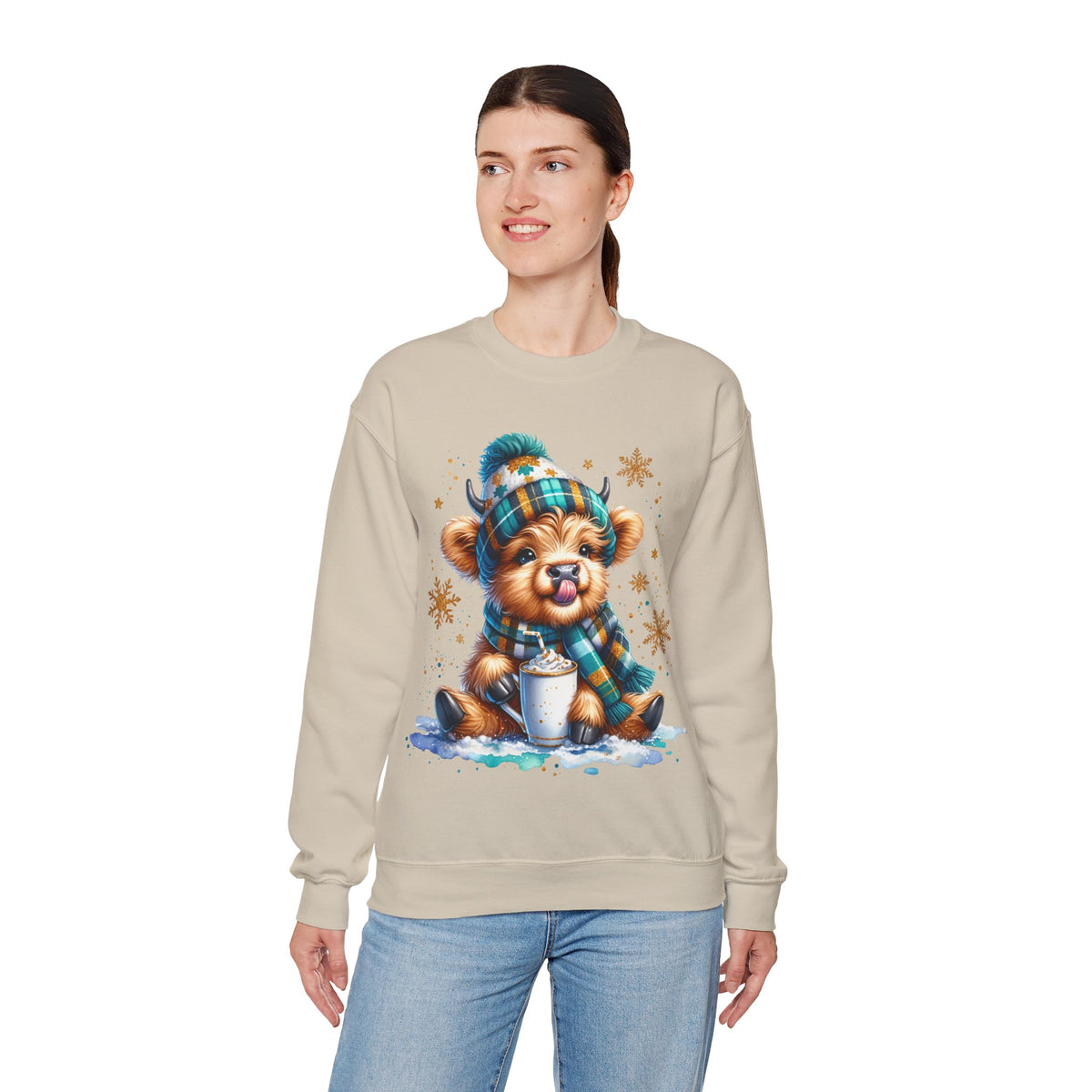 Winter Baby Highland Cow with Cocoa – Gildan Heavy Blend | Trendy Women’s Soft Sweatshirt. Direct to Garment. Printed & Shipped in the USA. Unisex Sizes.