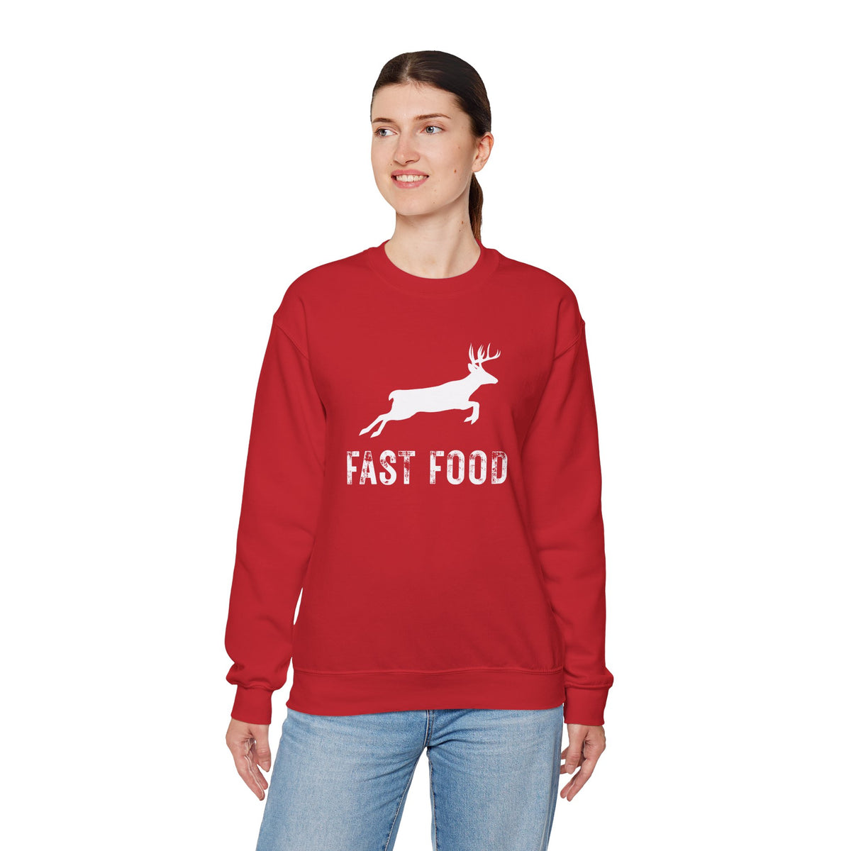 Fast Food Deer Hunting Humor Distressed – Gildan Heavy Blend | Trendy Men's and Women’s Soft Sweatshirt. Direct to Garment. Printed & Shipped in the USA. Unisex Sizes.