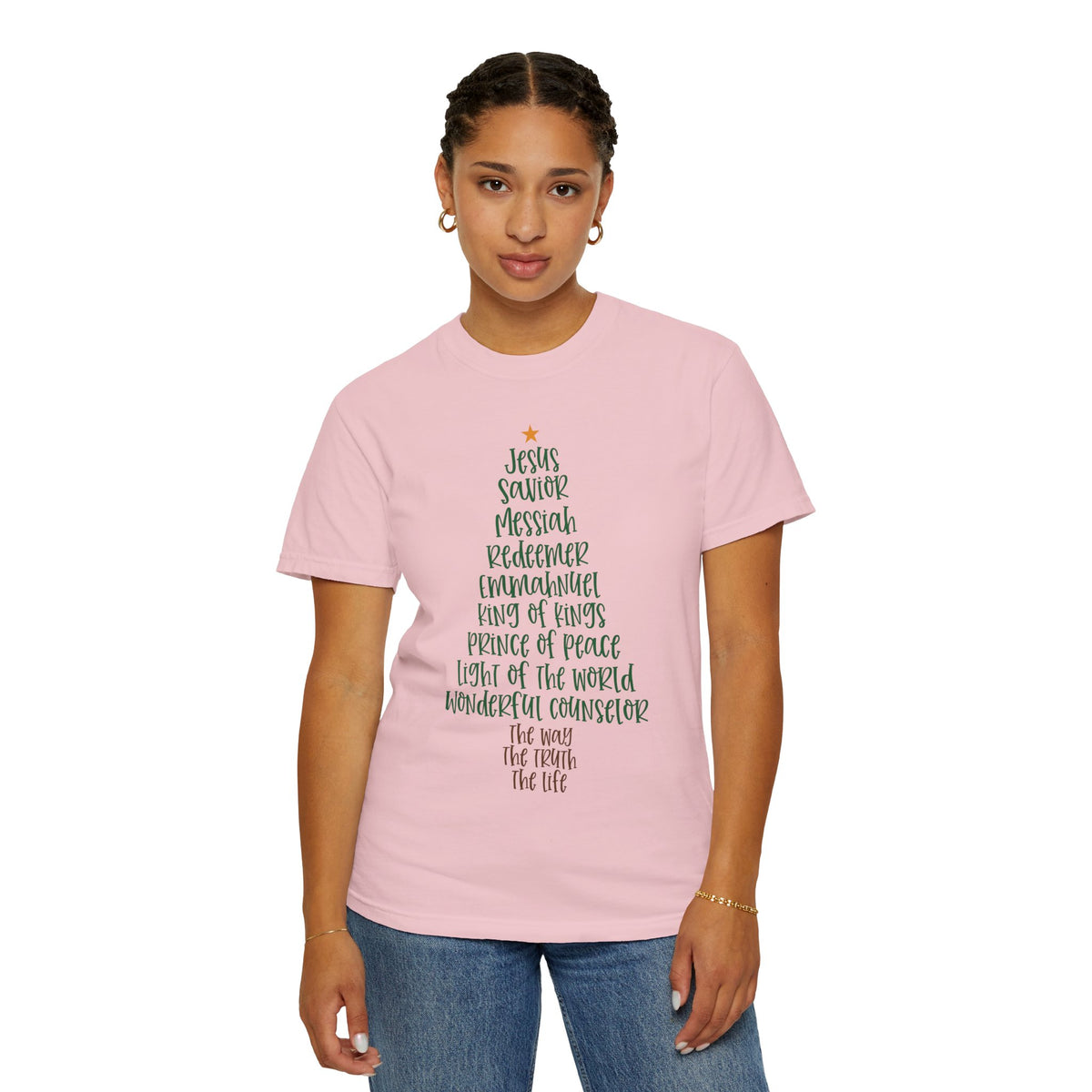 Jesus Name Christmas Tree - Comfort Colors | Trendy Women's T-Shirt. Direct to Garment. Printed & Shipped in the USA. Unisex Sizes.