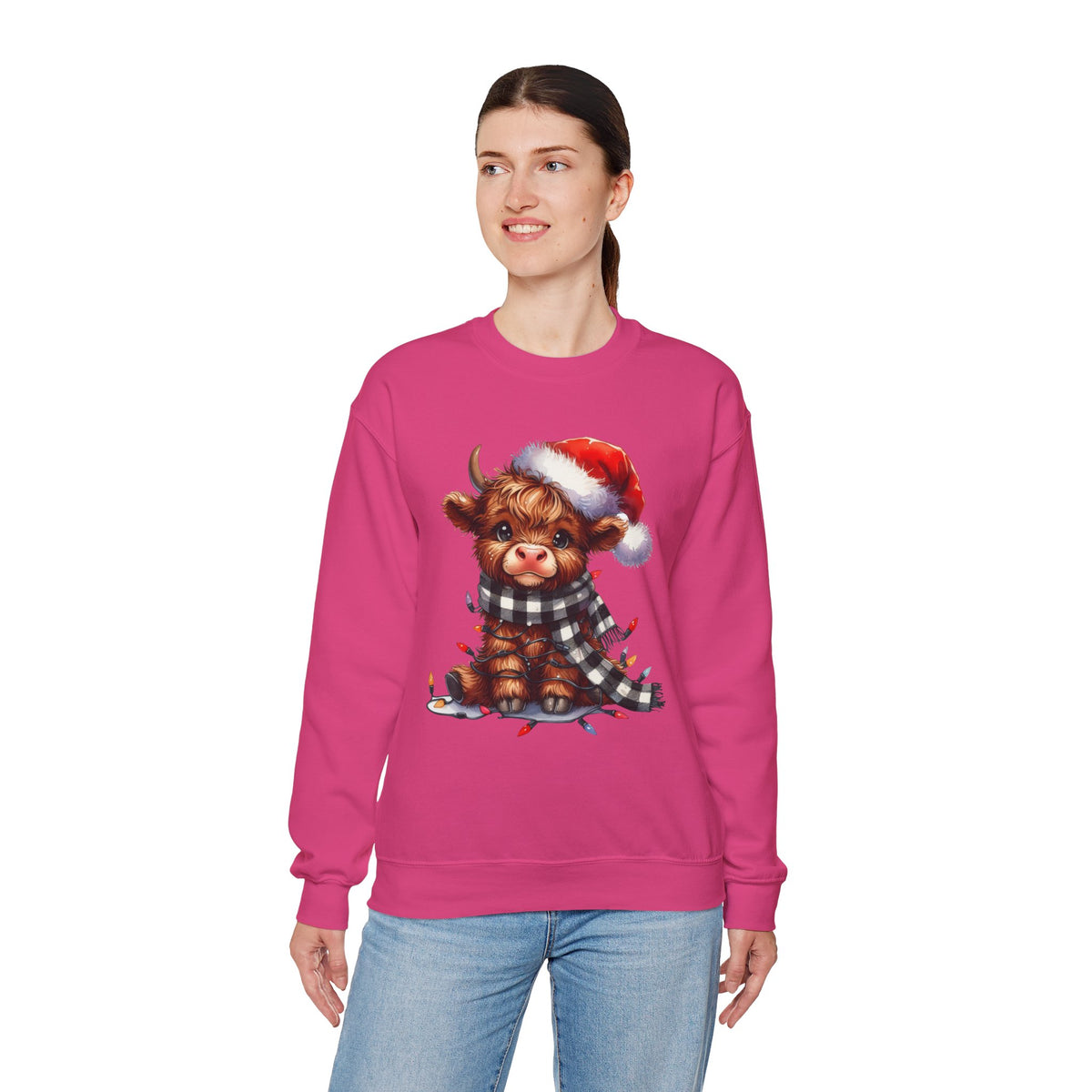Cute Highland Cow Santa Hat Scarf Christmas Lights – Gildan Heavy Blend | Trendy Women’s Soft Sweatshirt. Direct to Garment. Printed & Shipped in the USA. Unisex Sizes.