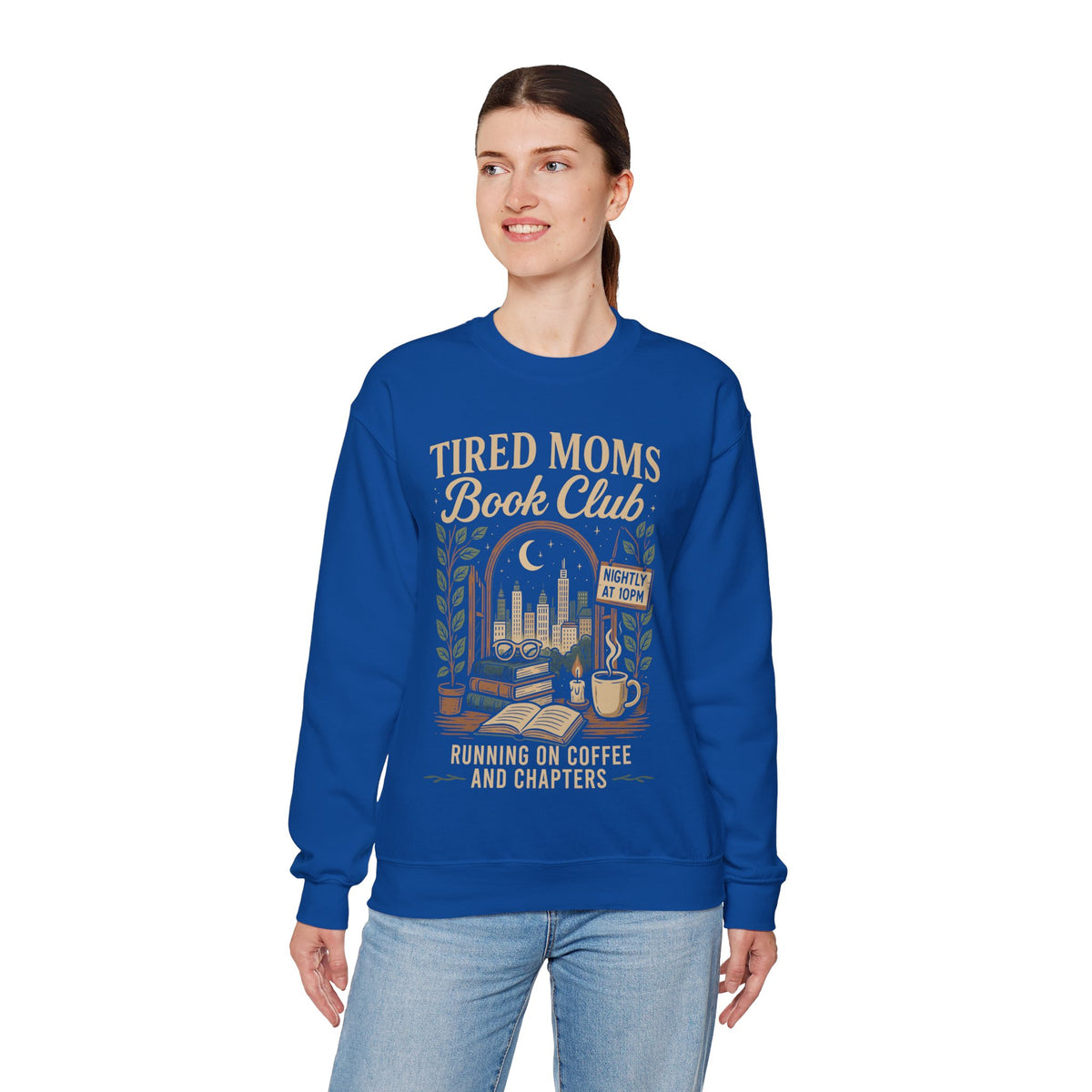 Tired Moms Book Club Running on Coffee and Chapters – Gildan Heavy Blend | Trendy Women’s Soft Sweatshirt. Direct to Garment. Printed & Shipped in the USA. Unisex Sizes.