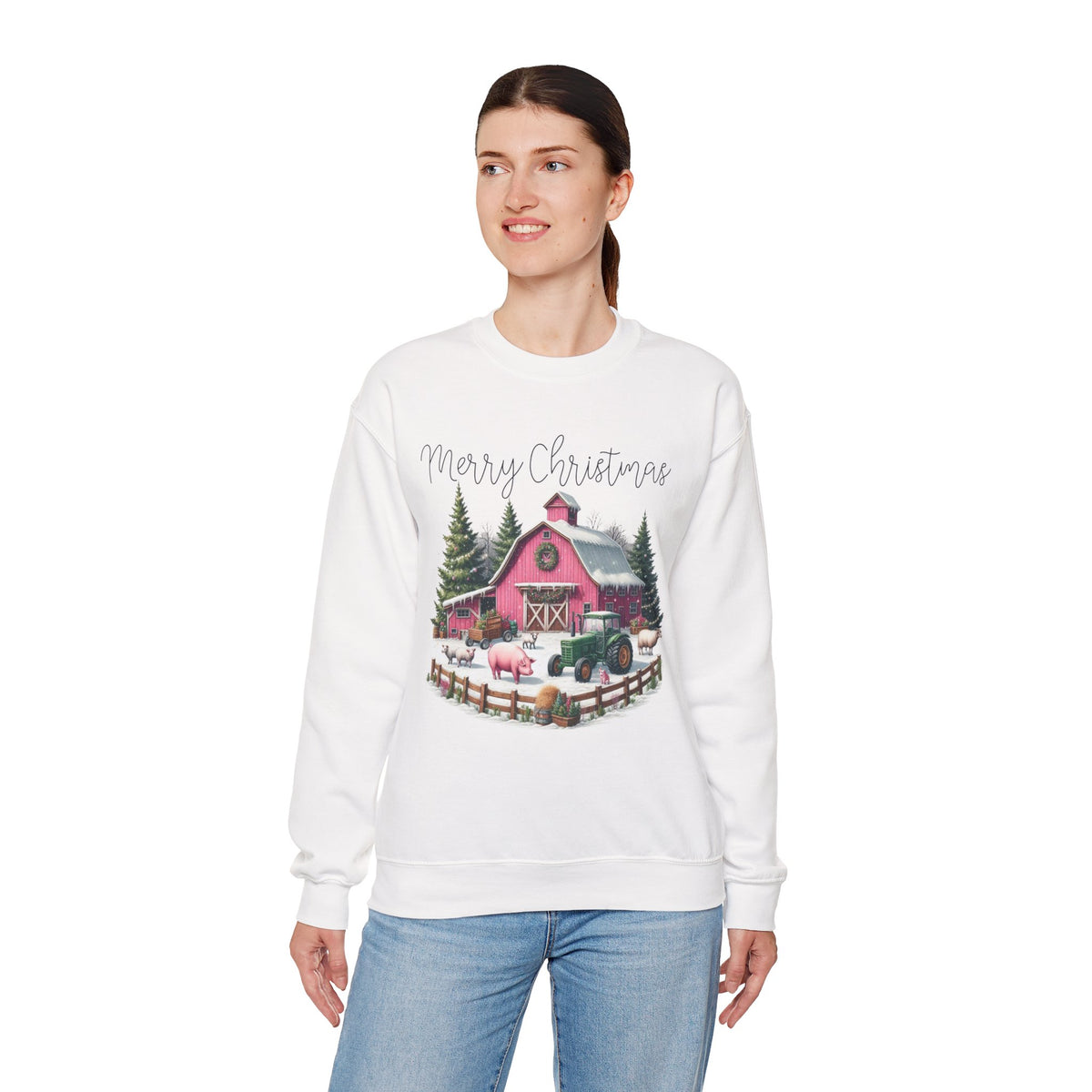 Merry Christmas Pink Barn Farm Animals – Gildan Heavy Blend | Trendy Women’s Soft Sweatshirt. Direct to Garment. Printed & Shipped in the USA. Unisex Sizes.