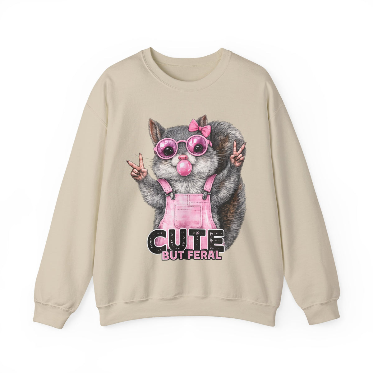 Cute But Feral, Squirrel in Pink Bibs – Gildan Heavy Blend | Trendy Women’s Soft Sweatshirt. Direct to Garment. Printed & Shipped in the USA. Unisex Sizes.