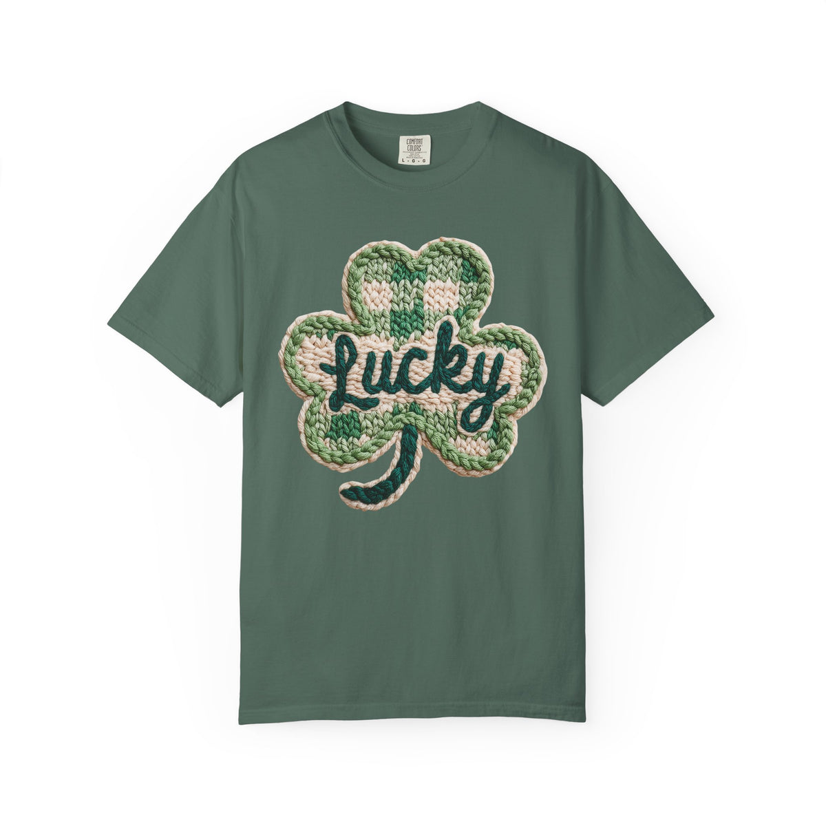 Lucky Shamrock Faux Knit - Comfort Colors | Trendy Men's and Women's T-Shirt. Direct to Garment. Printed & Shipped in the USA. Unisex Sizes.