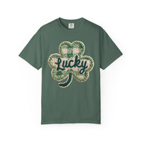 Lucky Shamrock Faux Knit - Comfort Colors | Trendy Men's and Women's T-Shirt. Direct to Garment. Printed & Shipped in the USA. Unisex Sizes.