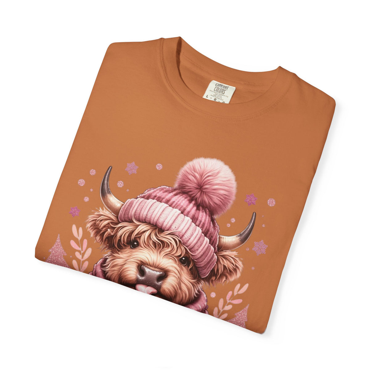 Cozy Highland Cow, Winter Coffee Mug & Scarf - Comfort Colors | Trendy Women's T-Shirt. Direct to Garment. Printed & Shipped in the USA. Unisex Sizes.