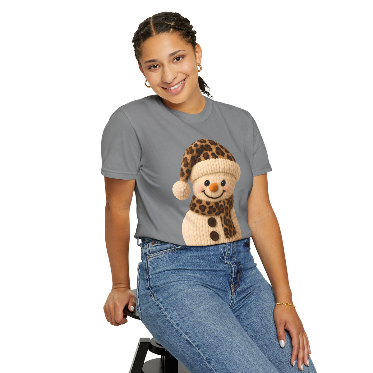 Cute Leopard Faux Knit Snowman Winter - Comfort Colors | Trendy Women's T-Shirt. Direct to Garment. Printed & Shipped in the USA. Unisex Sizes.