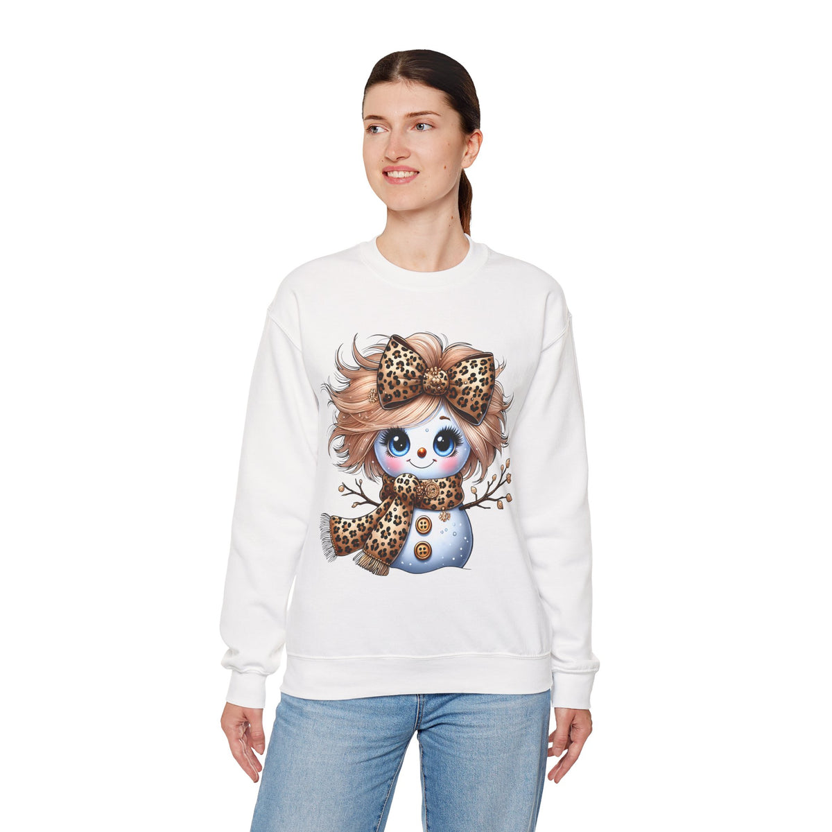 Snowgirl Cute Leopard Bow Snowman, Winter Cozy – Gildan Heavy Blend | Trendy Women’s Soft Sweatshirt. Direct to Garment. Printed & Shipped in the USA. Unisex Sizes.