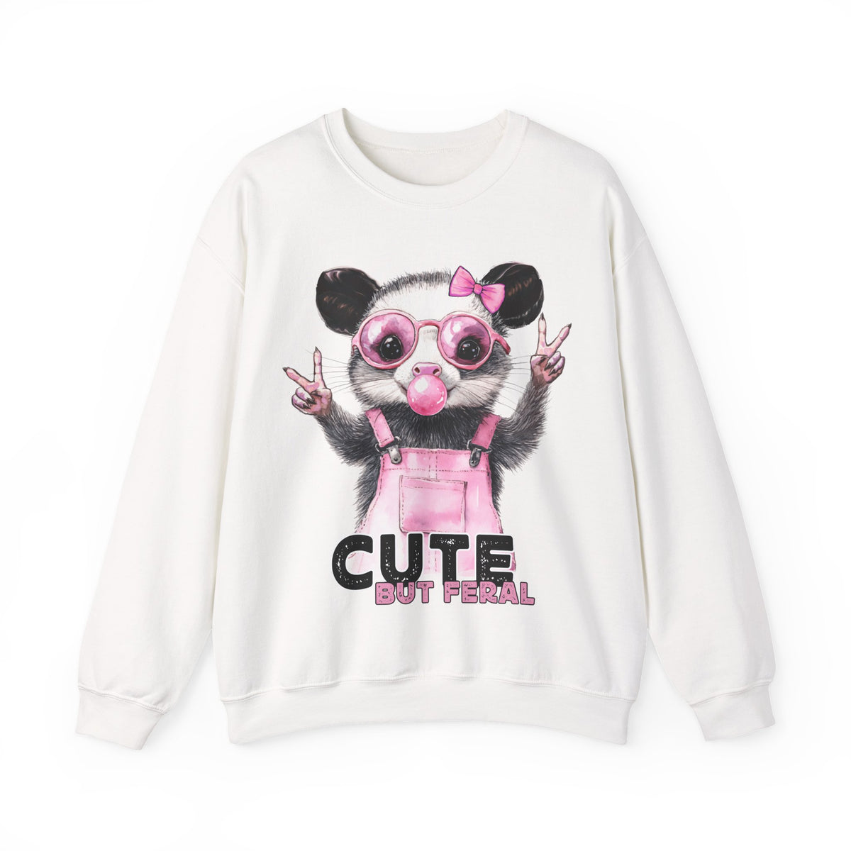 Cute But Feral, Possum in Pink Bibs – Gildan Heavy Blend | Trendy Women’s Soft Sweatshirt. Direct to Garment. Printed & Shipped in the USA. Unisex Sizes.