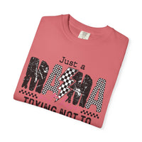 Just a Mama Out Here Trying Not To Raise Assholes - Comfort Colors | Trendy Women's T-Shirt. Direct to Garment. Printed & Shipped in the USA. Unisex Sizes.