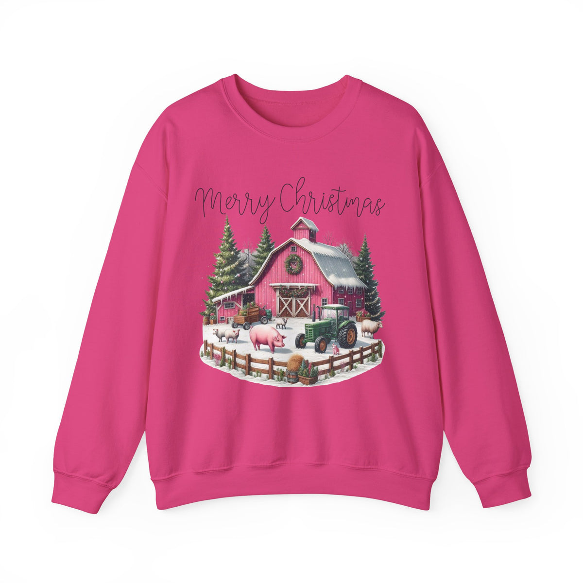Merry Christmas Pink Barn Farm Animals – Gildan Heavy Blend | Trendy Women’s Soft Sweatshirt. Direct to Garment. Printed & Shipped in the USA. Unisex Sizes.