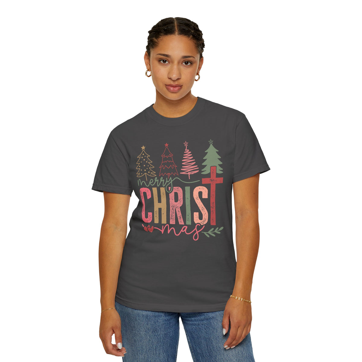 Merry ChrisTmas Christian Faith Graphic - Comfort Colors | Trendy Women's T-Shirt. Direct to Garment. Printed & Shipped in the USA. Unisex Sizes.