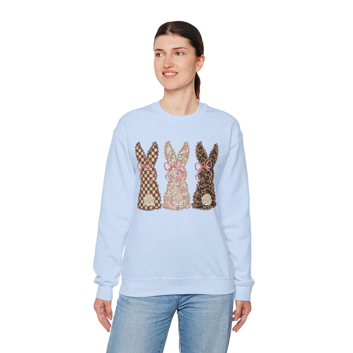 Easter Bunny Trio - Checkered, Floral & Leopard – Gildan Heavy Blend | Trendy Women’s Soft Sweatshirt. Direct to Garment. Printed & Shipped in the USA. Unisex Sizes.