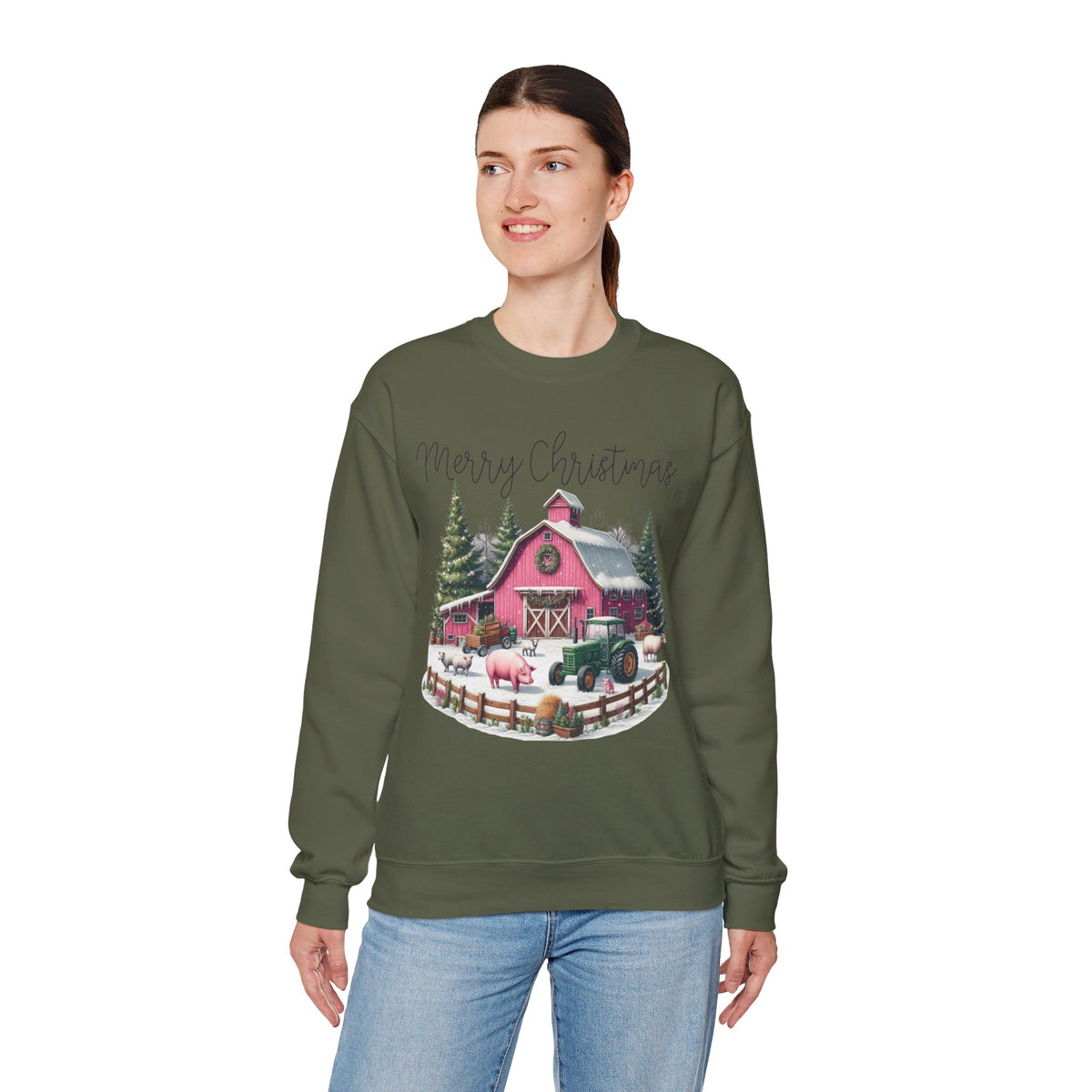 Merry Christmas Pink Barn Farm Animals – Gildan Heavy Blend | Trendy Women’s Soft Sweatshirt. Direct to Garment. Printed & Shipped in the USA. Unisex Sizes.