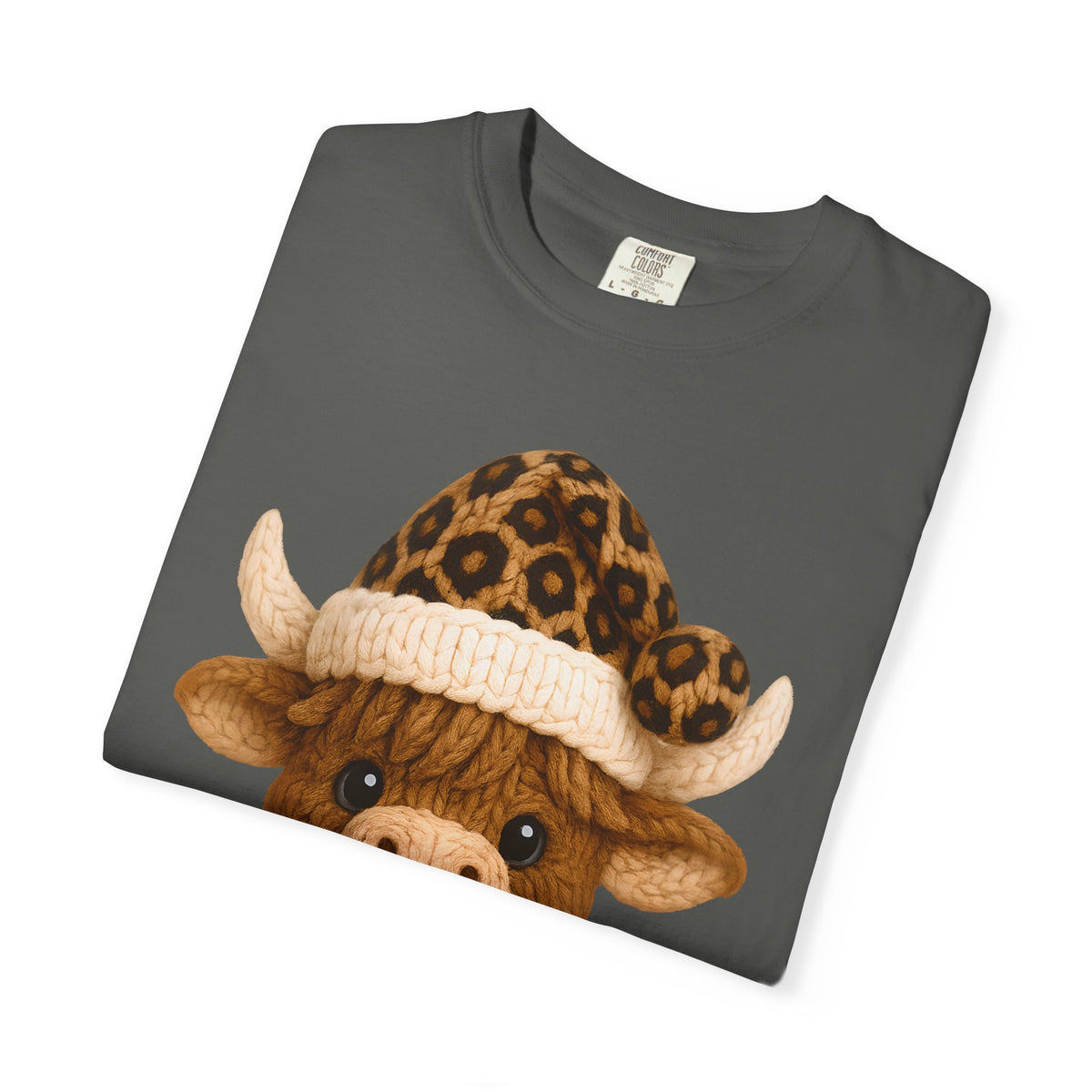 Cute Highland Cow with Leopard Santa Hat Christmas - Comfort Colors | Trendy Women's T-Shirt. Direct to Garment. Printed & Shipped in the USA. Unisex Sizes.