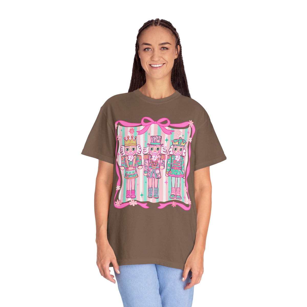 Coquette Pastel Christmas Nutcracker Trio Pink and Green - Comfort Colors | Trendy Women's T-Shirt. Direct to Garment. Printed & Shipped in the USA. Unisex Sizes.