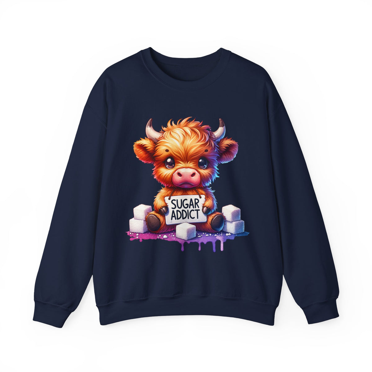 Sugar Addict Highland Cow – Gildan Heavy Blend | Trendy Women’s Soft Sweatshirt. Direct to Garment. Printed & Shipped in the USA. Unisex Sizes.