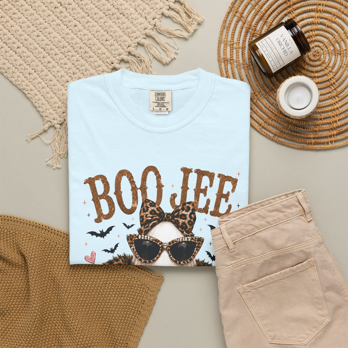 BooJee Ghost with Coffee - Halloween - Comfort Colors | Trendy Women's T-Shirt. Direct to Garment. Printed & Shipped in the USA. Unisex Sizes.
