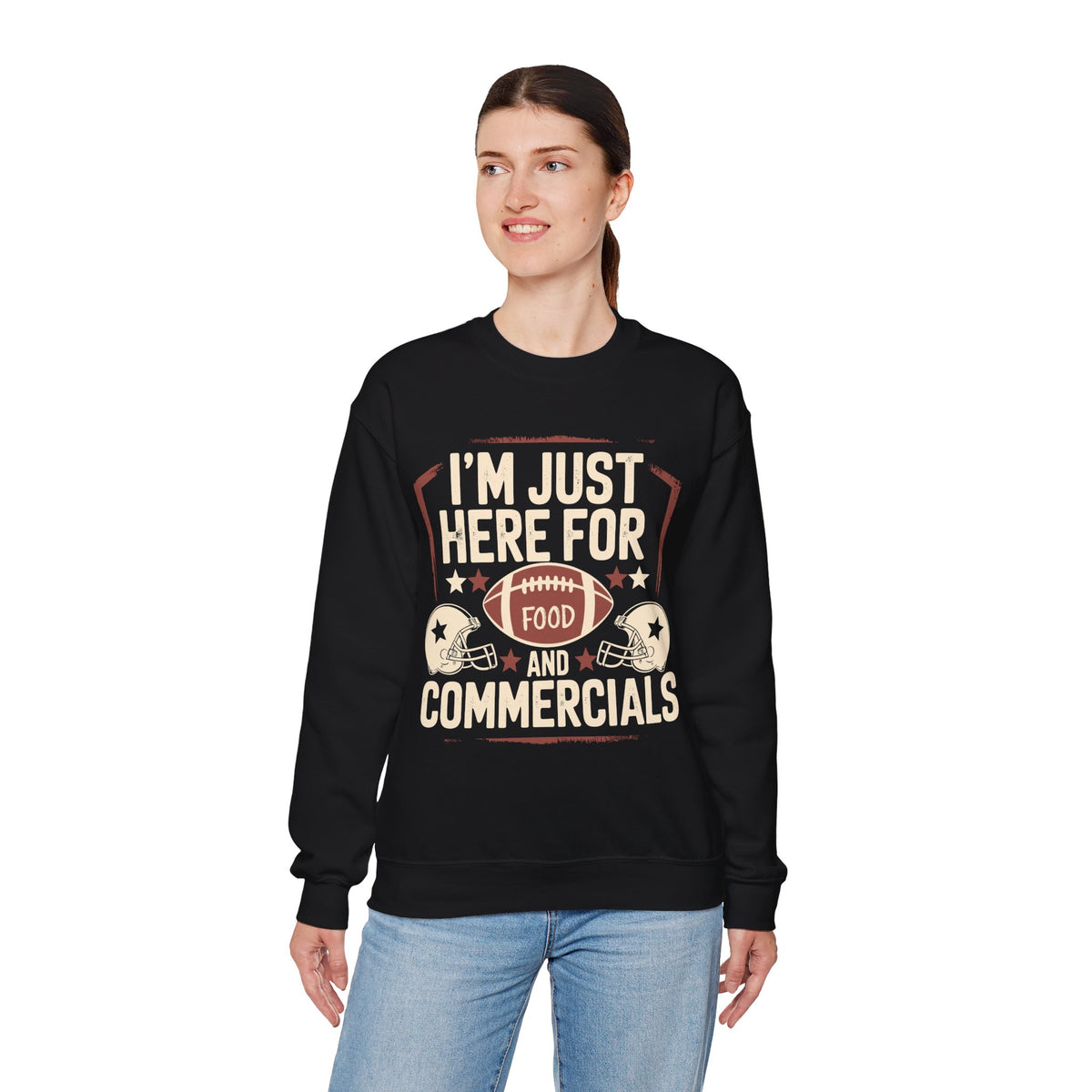 I'm Just Here for Food and Commercials – Gildan Heavy Blend | Trendy Women’s and Men's Soft Sweatshirt. Direct to Garment. Printed & Shipped in the USA. Unisex Sizes.