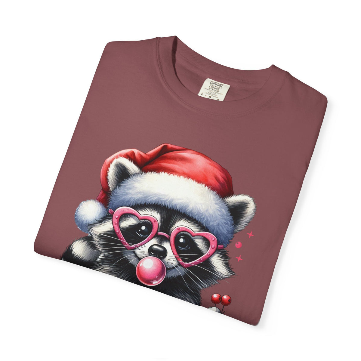 Merry Trashmas Bubblegum Raccoon w/Santa Hat Christmas - Comfort Colors | Trendy Women's T-Shirt. Direct to Garment. Printed & Shipped in the USA. Unisex Sizes.