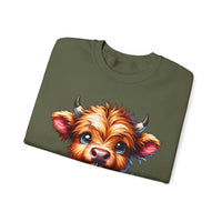 Coffee Addict Highland Cow Drinking Iced Coffee – Gildan Heavy Blend | Trendy Women’s Soft Sweatshirt. Direct to Garment. Printed & Shipped in the USA. Unisex Sizes.