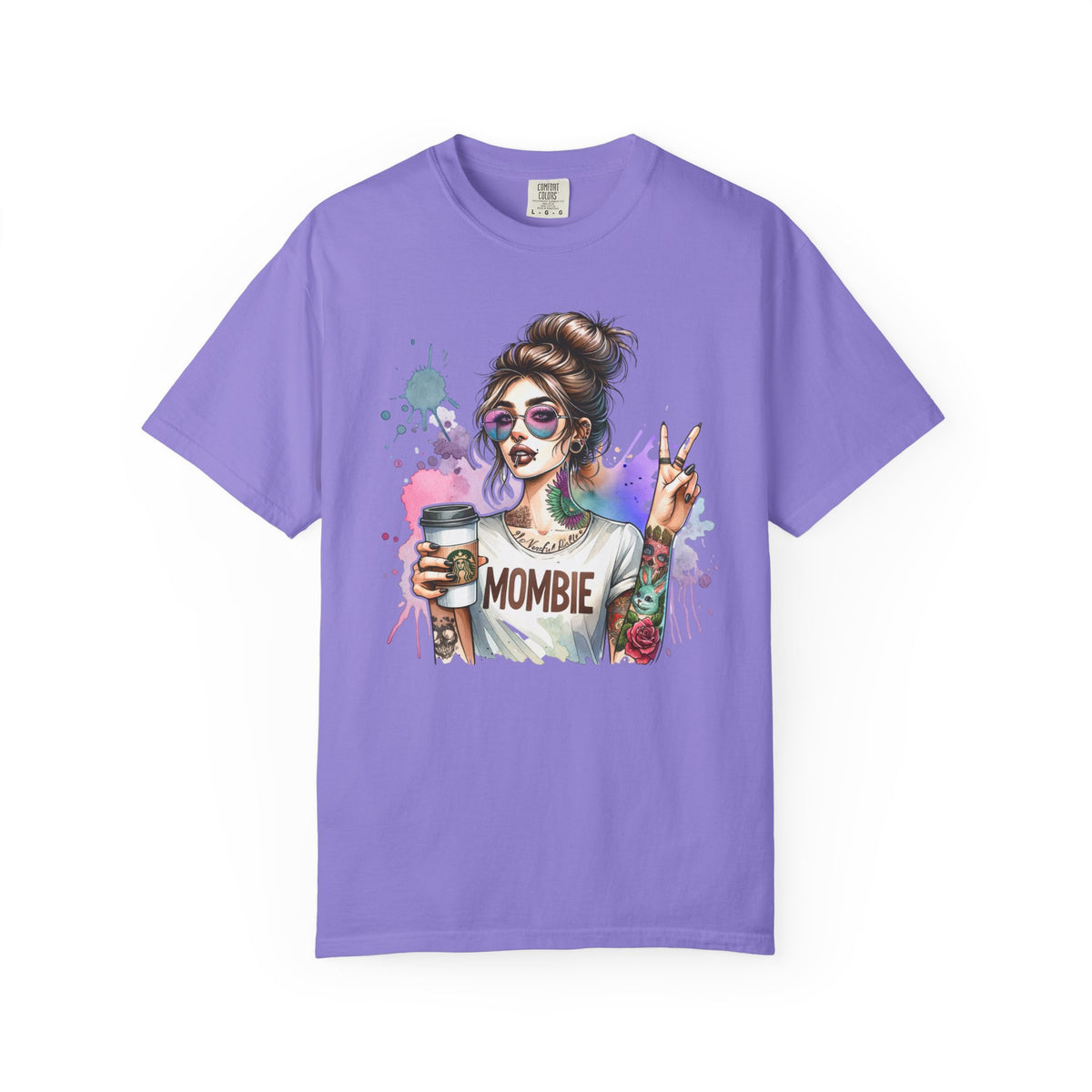 Cool Mombie with Coffee Peace Tattoo - Comfort Colors | Trendy Women's T-Shirt. Direct to Garment. Printed & Shipped in the USA. Unisex Sizes.